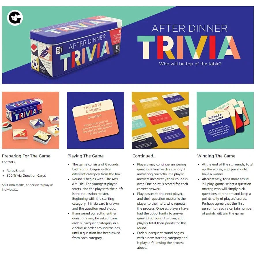 After Dinner Trivia Card Game in Tin Ginger Fox