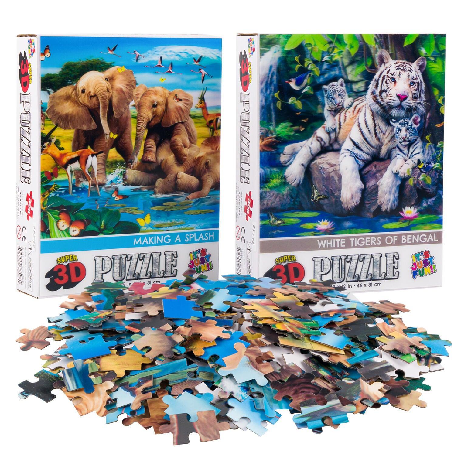 Elephants & Tigers Set of 2 300 Piece Lenticular Jigsaw Puzzles Prime 3D