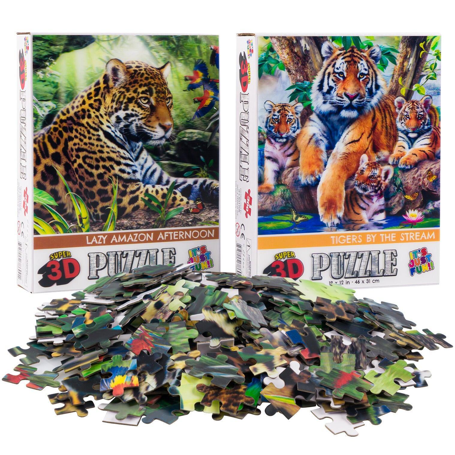 Jaguar & Tigers Set of 2 300 Piece Lenticular Jigsaw Puzzles Prime 3D