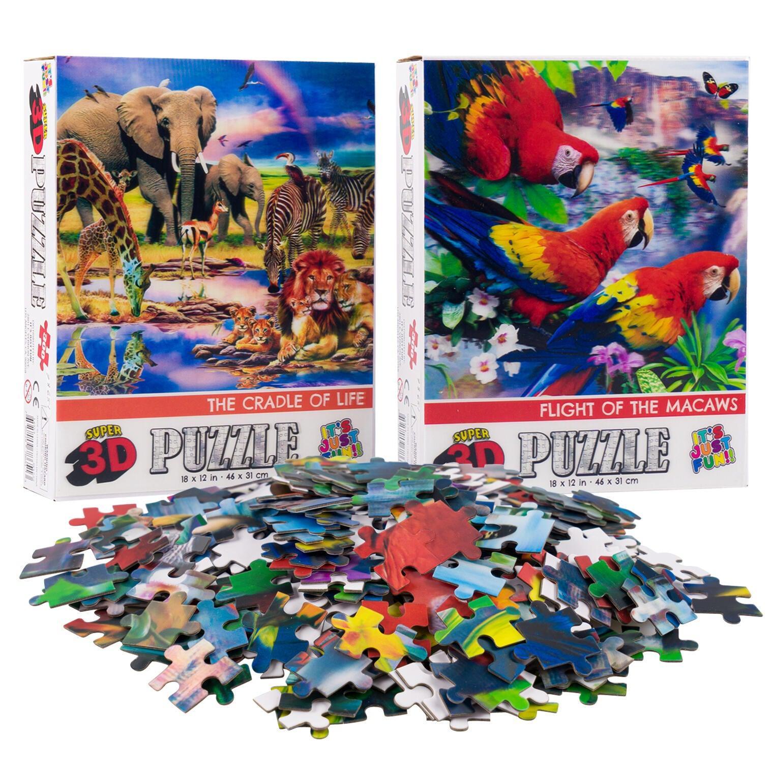 Savanna Animals & Macaws Set of 2 300 Piece Lenticular Jigsaw Puzzles Prime 3D