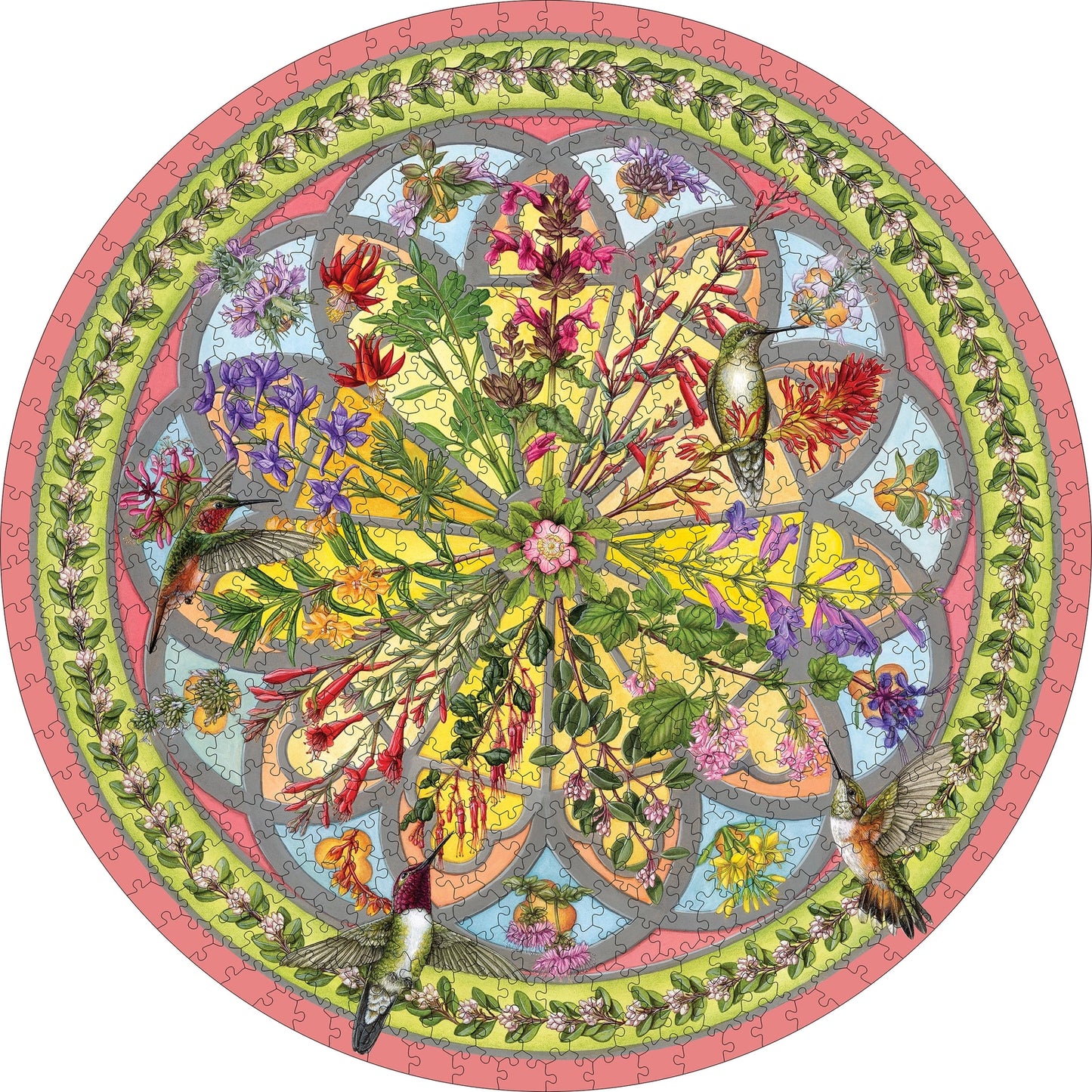 Floral Compass by Erin E. Hunter 500 Piece Round Jigsaw Puzzle Pomegranate