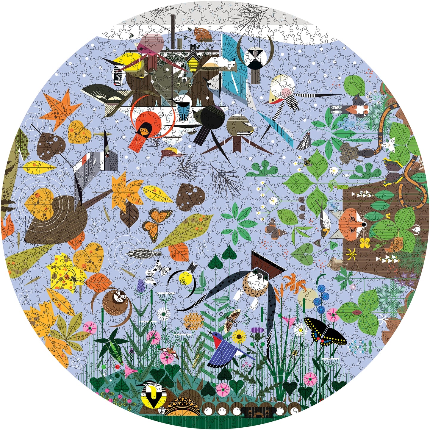 Seasons by Charley Harper 1000 Piece Round Jigsaw Puzzle Pomegranate