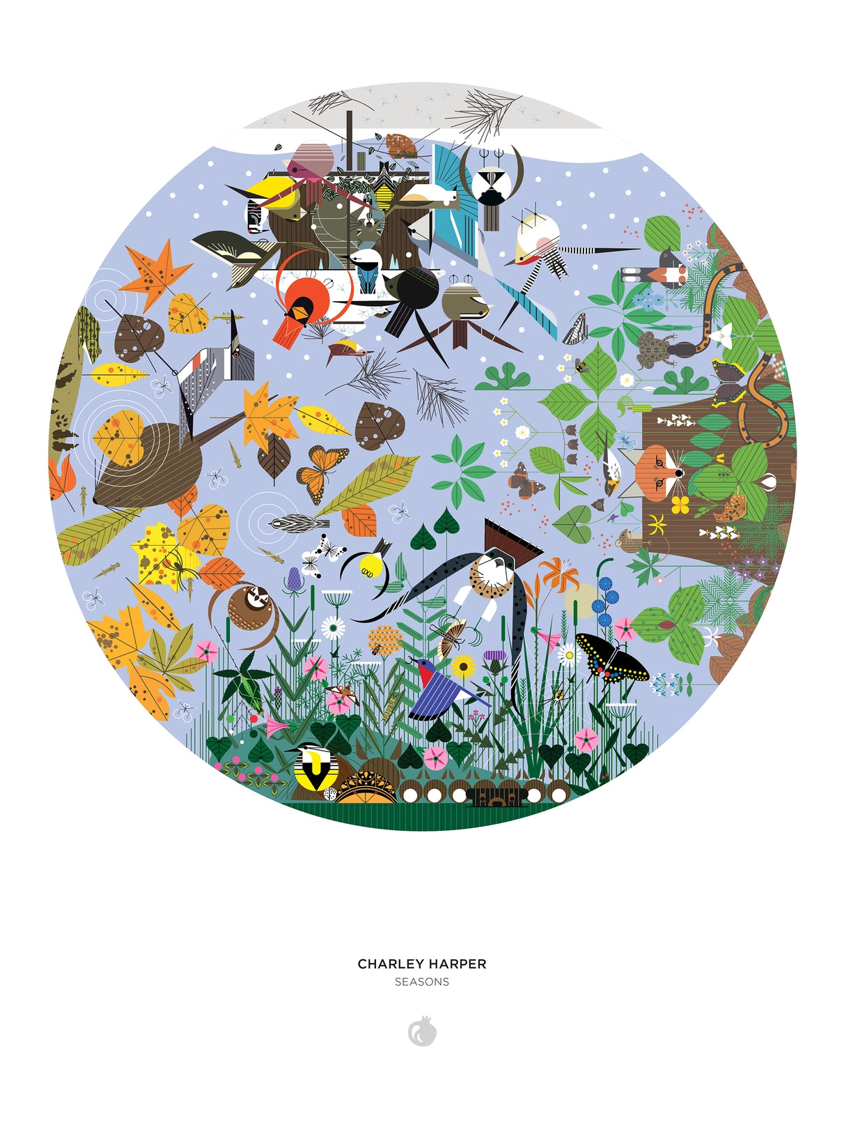 Seasons by Charley Harper 1000 Piece Round Jigsaw Puzzle Pomegranate