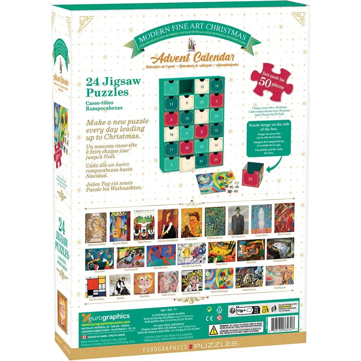 Modern Art Christmas Advent Calendar - 24 Set of 50 Piece Mini Jigsaw Puzzles Eurographics