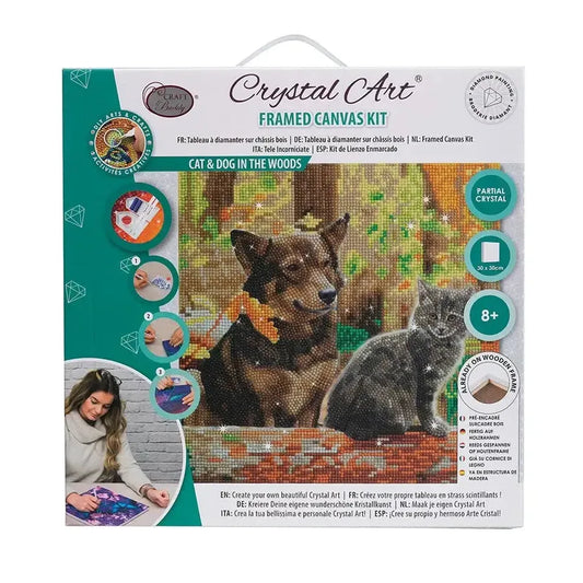 Cat & Dog in the Woods Crystal Art Framed Canvas Kit Craft Buddy