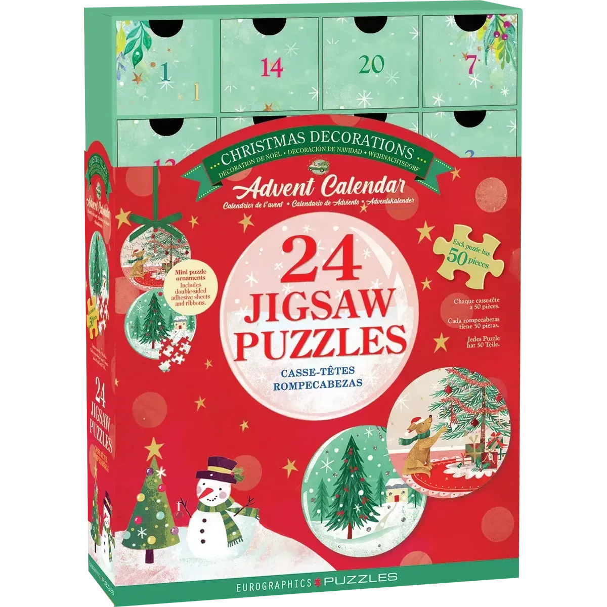 Christmas Decorations Advent Calendar - 24 Set of 50 Piece Mini Jigsaw Puzzles Eurographics