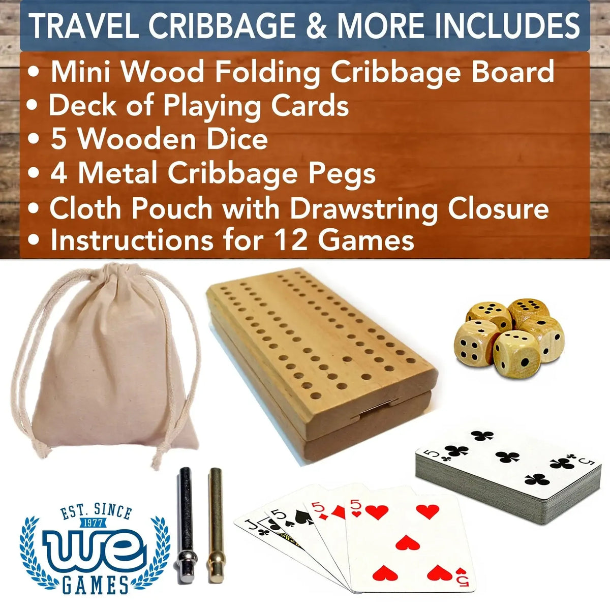 Cribbage & More Travel Game Set- Cards, Board, Pegs, Dice & Pouch - WEG