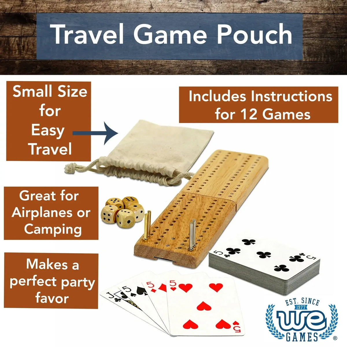 Cribbage & More Travel Game Set- Cards, Board, Pegs, Dice & Pouch - WEG