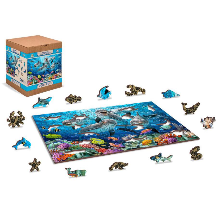 Happy Dolphins 200 Piece Wood Jigsaw Puzzle Wooden City