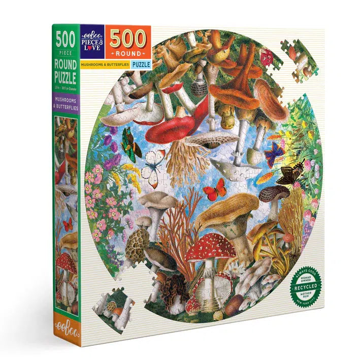 Mushroom & Butterflies 500 Piece Round Jigsaw Puzzle eeBoo