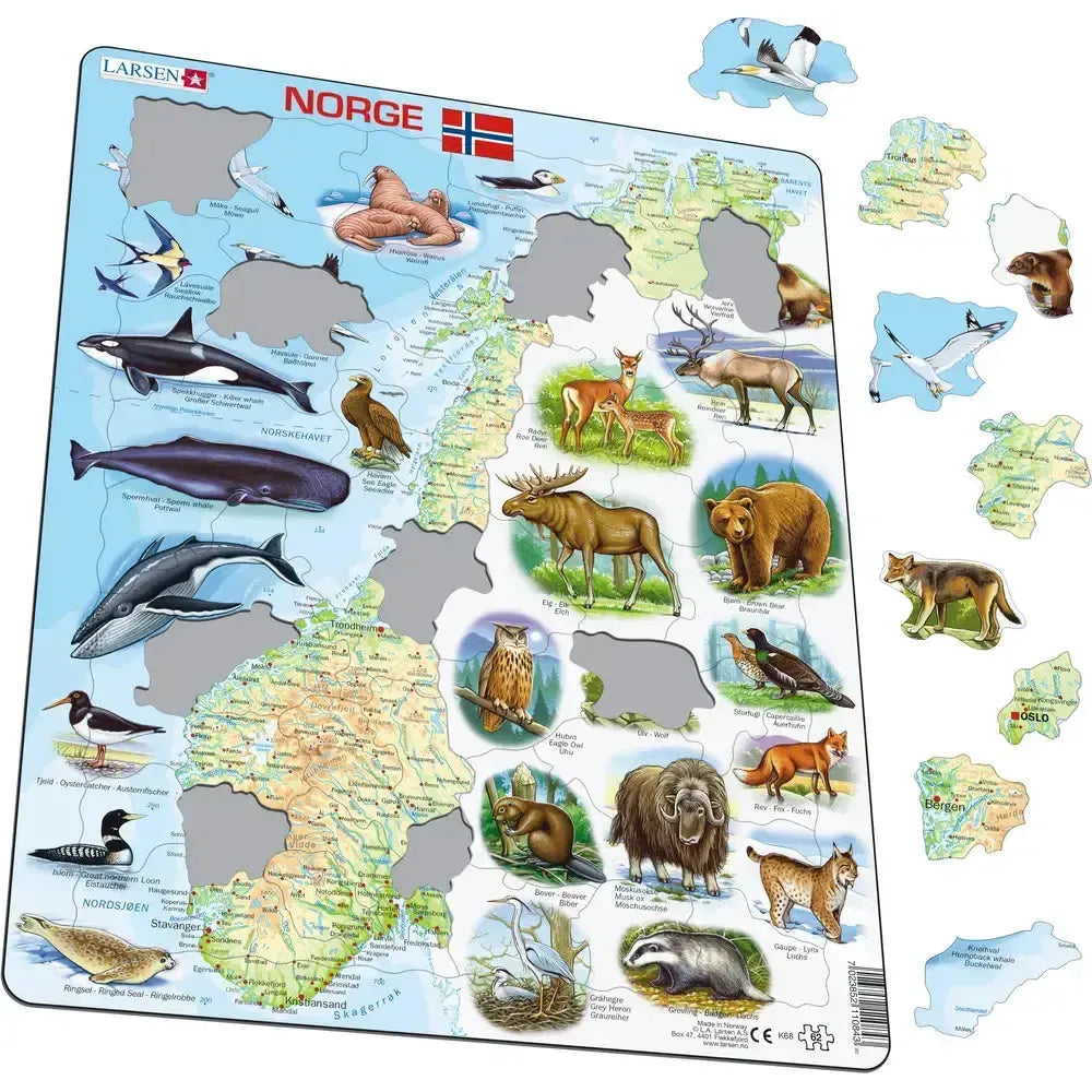 Norway Map with Animals 62 Piece Tray Jigsaw Puzzle Larsen