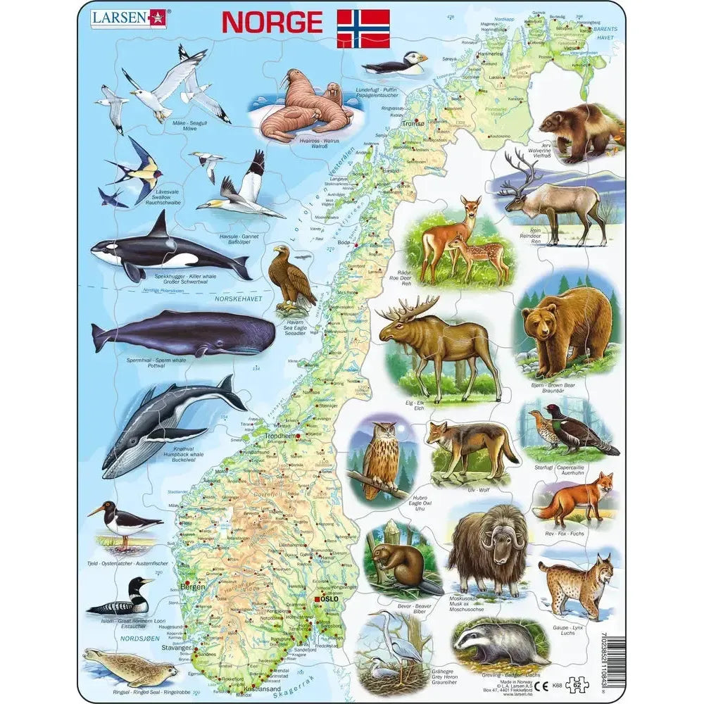 Norway Map with Animals 62 Piece Tray Jigsaw Puzzle Larsen