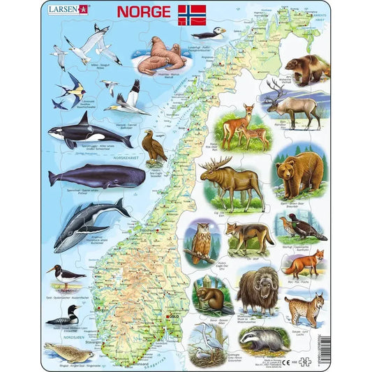 Norway Map with Animals 62 Piece Tray Jigsaw Puzzle Larsen