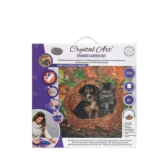 Puppy & Kitten in Basket Crystal Art Framed Canvas Kit Craft Buddy