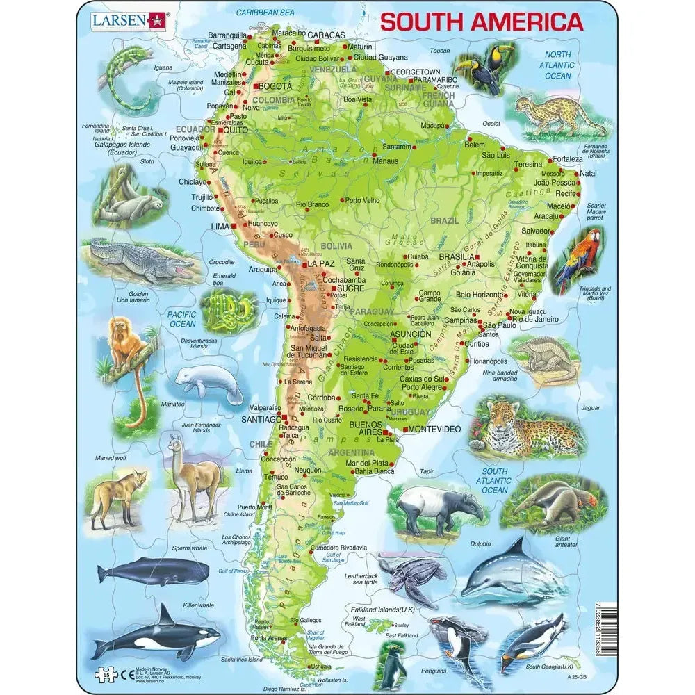 South America Topographic Map 65 Piece Tray Jigsaw Puzzle Larsen
