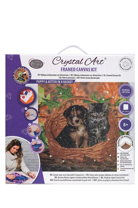 Puppy & Kitten in Basket Crystal Art Framed Canvas Kit Craft Buddy