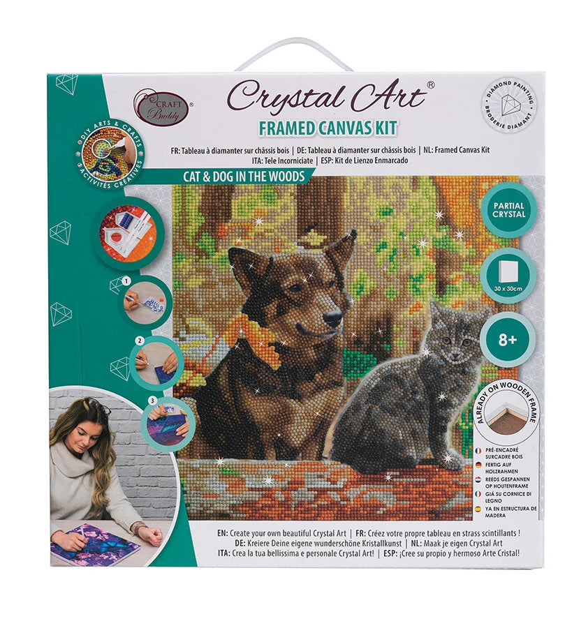 Cat & Dog in the Woods Crystal Art Framed Canvas Kit Craft Buddy