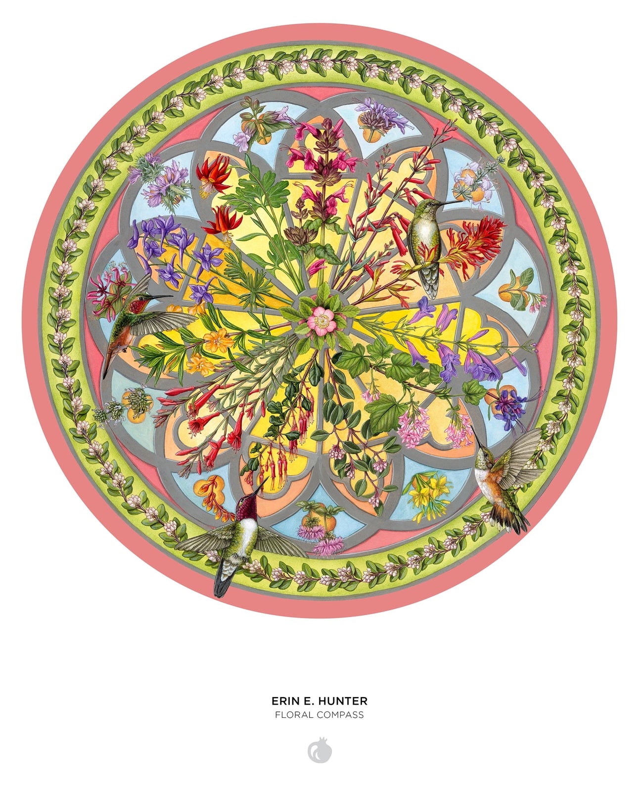 Floral Compass by Erin E. Hunter 500 Piece Round Jigsaw Puzzle Pomegranate